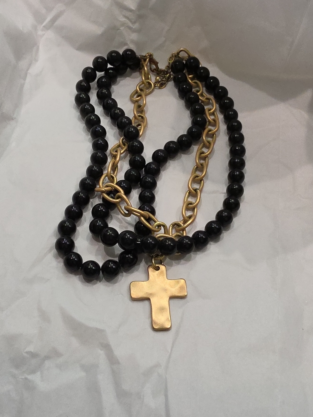 Gold Cross Pendant Necklace with Black Beads - Women's Jewelry